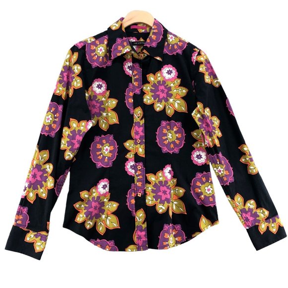 The Limited Shirt Womens M Black Floral Button Up Stretch Classic Colorful Artsy